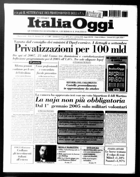 Italia oggi : quotidiano di economia finanza e politica